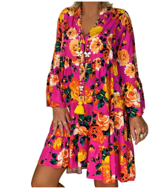 WW | Floral Print Boho Kleid mit Kurzen Ärmeln