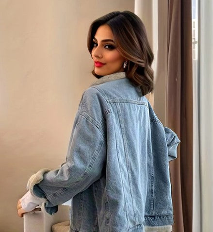 WW | Women's Denim Jacket with Teddy Lining – Lined Transitional Jacket in Street Style Look