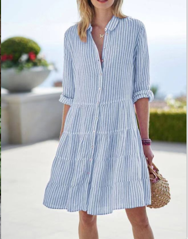 Women's Checked Midi Blouse with Button Placket and Flared Skirt WW