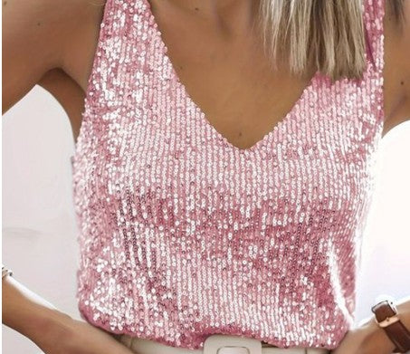 WW | Women's Glitter Sequin V-Neck Sleeveless Shirt Top For Women