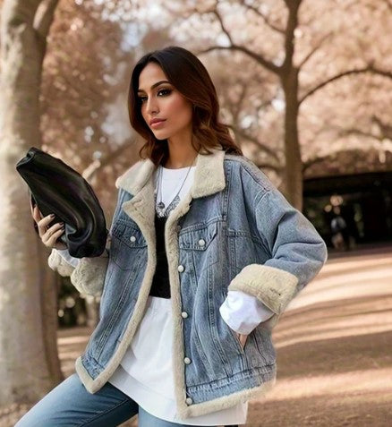WW | Women's Denim Jacket with Teddy Lining – Lined Transitional Jacket in Street Style Look