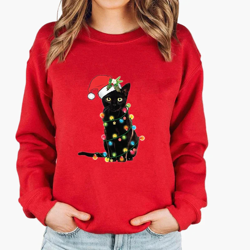 WW | Christmas Sweater with Cat and Fairy Lights - Funny Winter Sweater for Cat Lovers