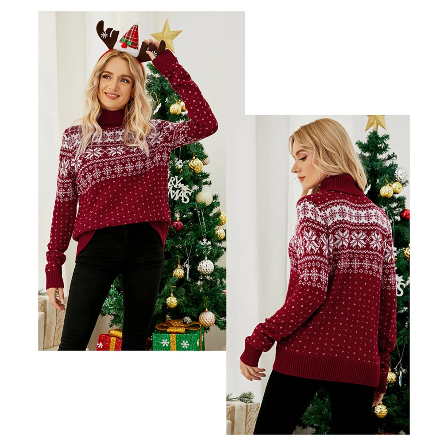 WW - Ugly Christmas Sweater - Vintage Turtleneck with Snowflake Pattern
