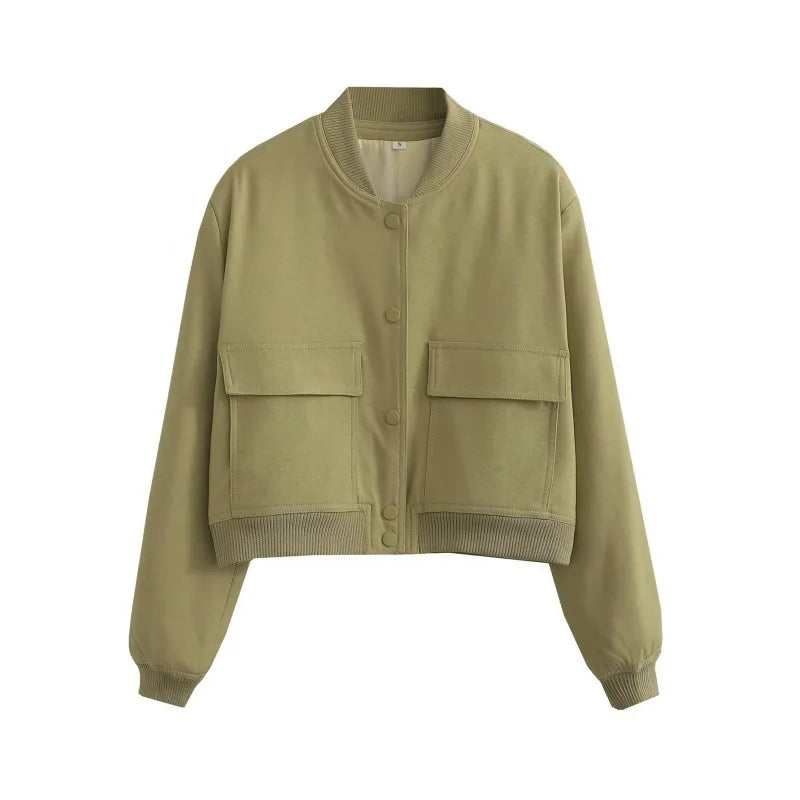 WW | Casual Bomber Jacket with Front Buttons and Flap Pockets