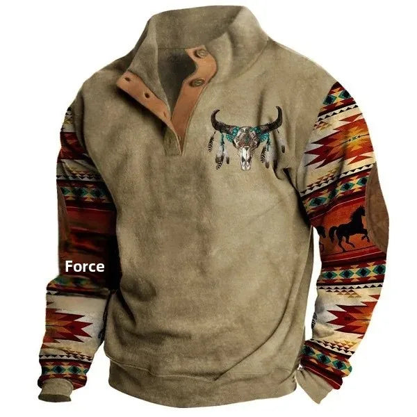 WW | Vintage Western Sweatshirt mit Ethno-Muster und Stehkragen - Freizeitpullover