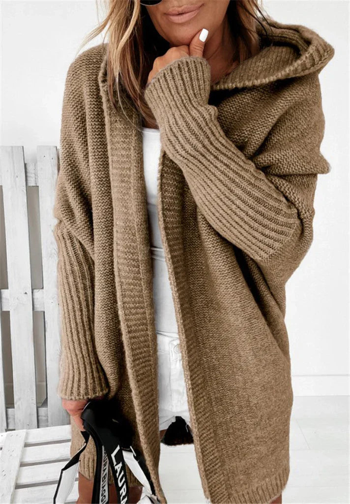 WW | Strickjacke Übergröße Passform Strickwollmischung Kapuze und Offene Vorderseite