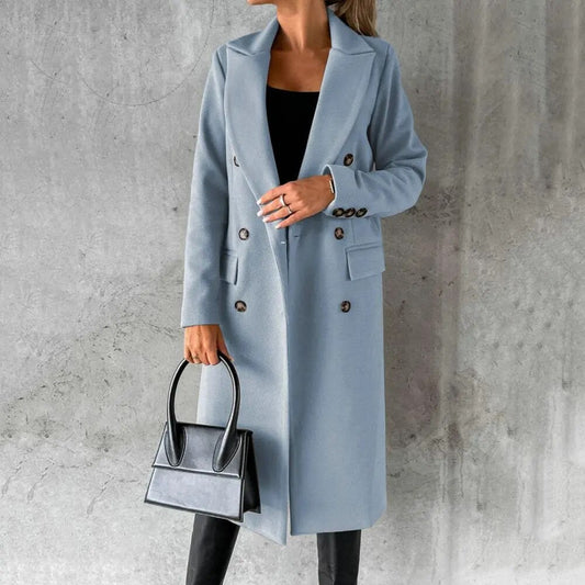 WW | Damen Lange Jacke - Doppelt Knopf - Taillierte Passform - Mit Revers - Formelle Elegante Kleidung