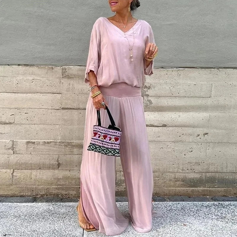 WW | Elegantes Zweiteiliges Set Aus Chiffonoberteil Und Hose Mit Weitem Bein
