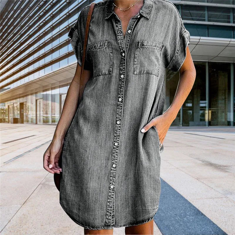 WW | Lässiges Kurzärmeliges Mini Sommerkleid Aus Denim Für Damen Mit Knöpfen