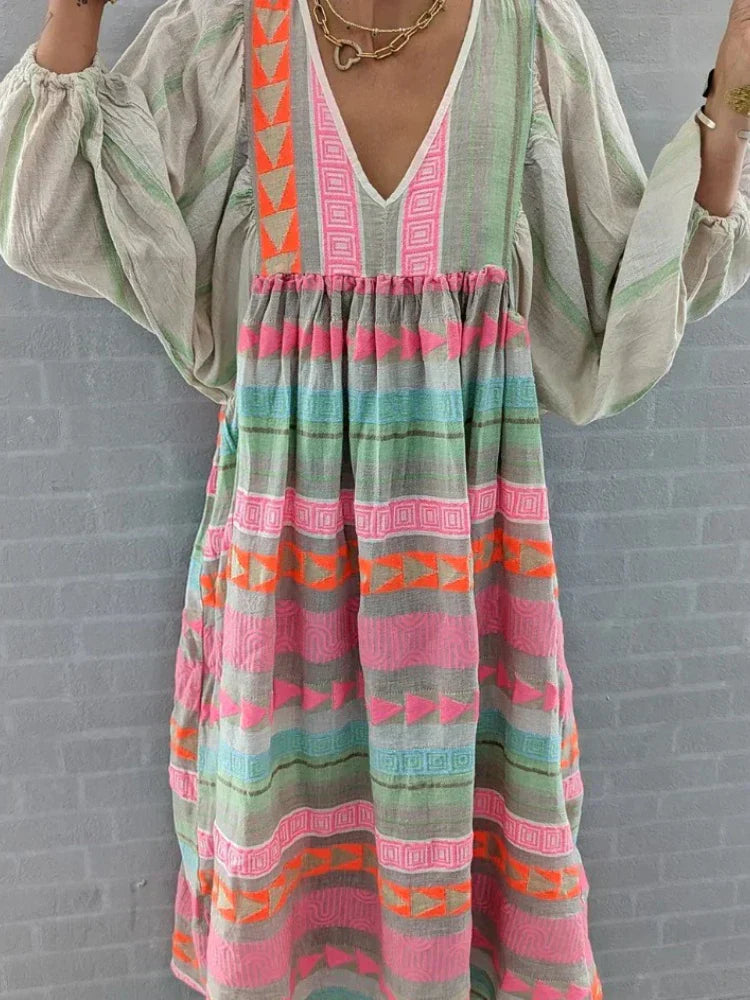 Cassandra | Boho Print V-Neck Dress