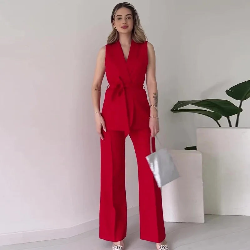 WW | Ärmelloser Blazer-Anzug Taillierte Passform Wickel-V-Ausschnitt Weite Hose