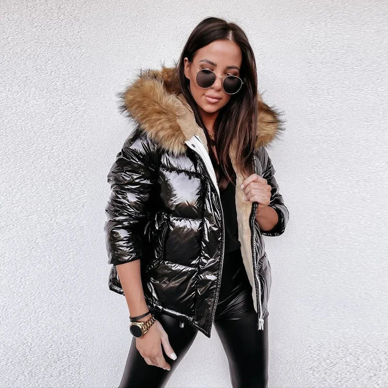 WW | Pufferjacke mit Pelzhut und metallischem Reißverschluss für Frauen
