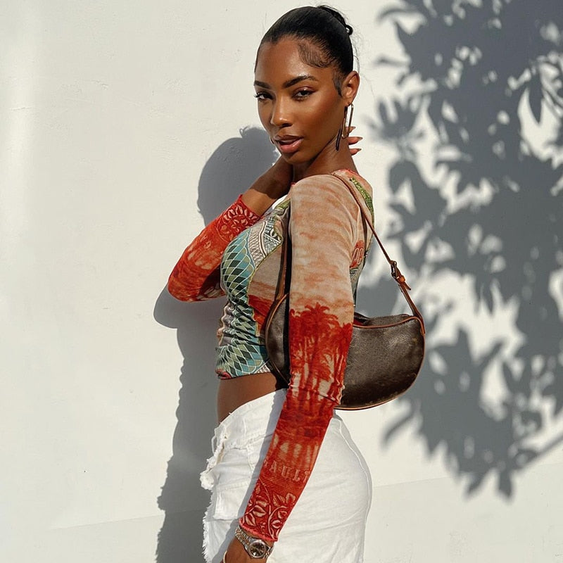 WW | Langärmliges Mesh-Top mit Tattoo-Print