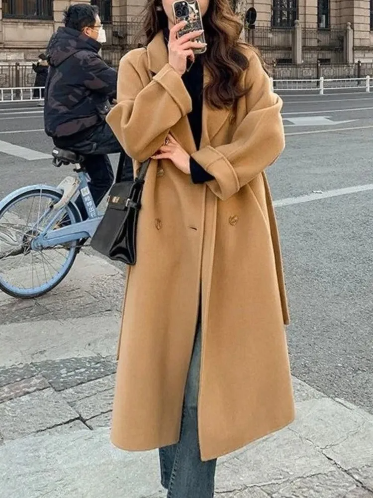 WW | Long Wool Blend Coat Loose Fit Double-Breasted with Belt