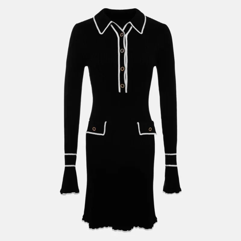 WW | Long-sleeved dress with knitted collar and ruffles