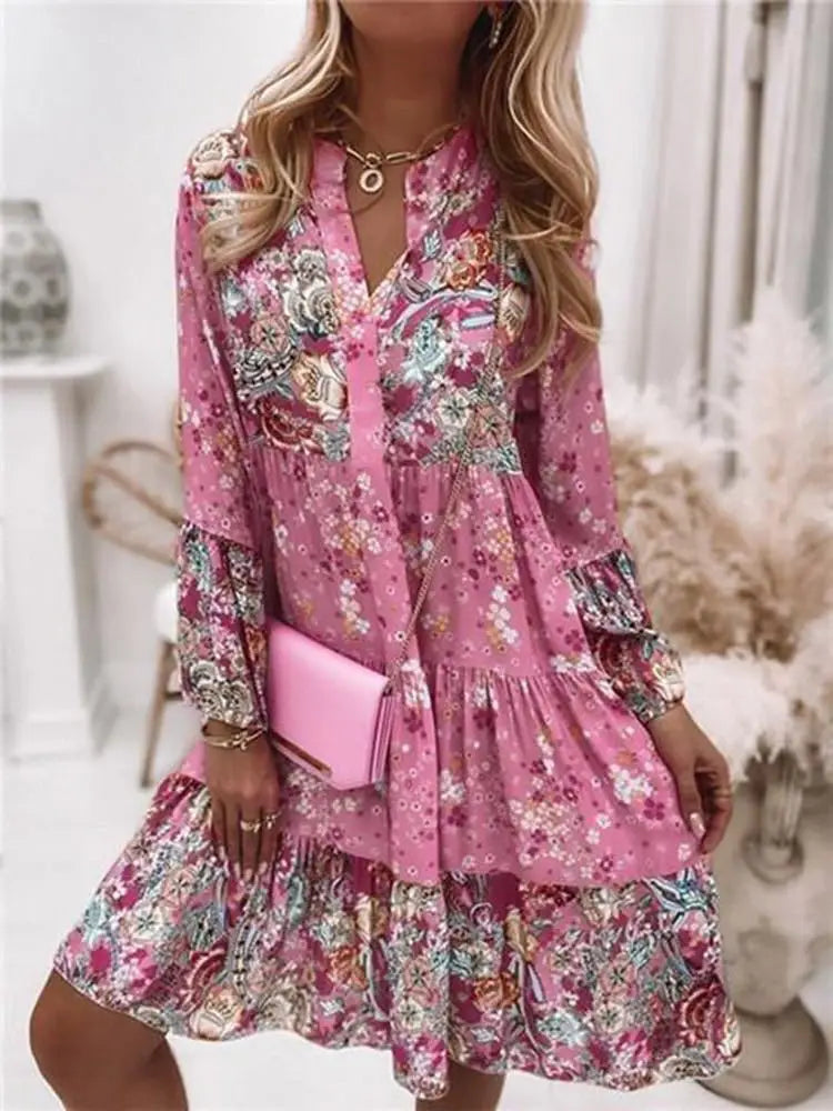 Helena - Floral A-line Dress with V-Neck