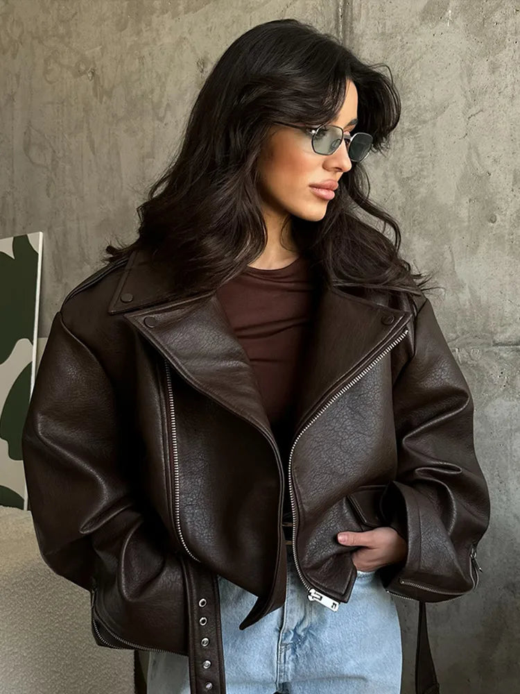 WW | Imitation Leather Jacket with Belt for Women