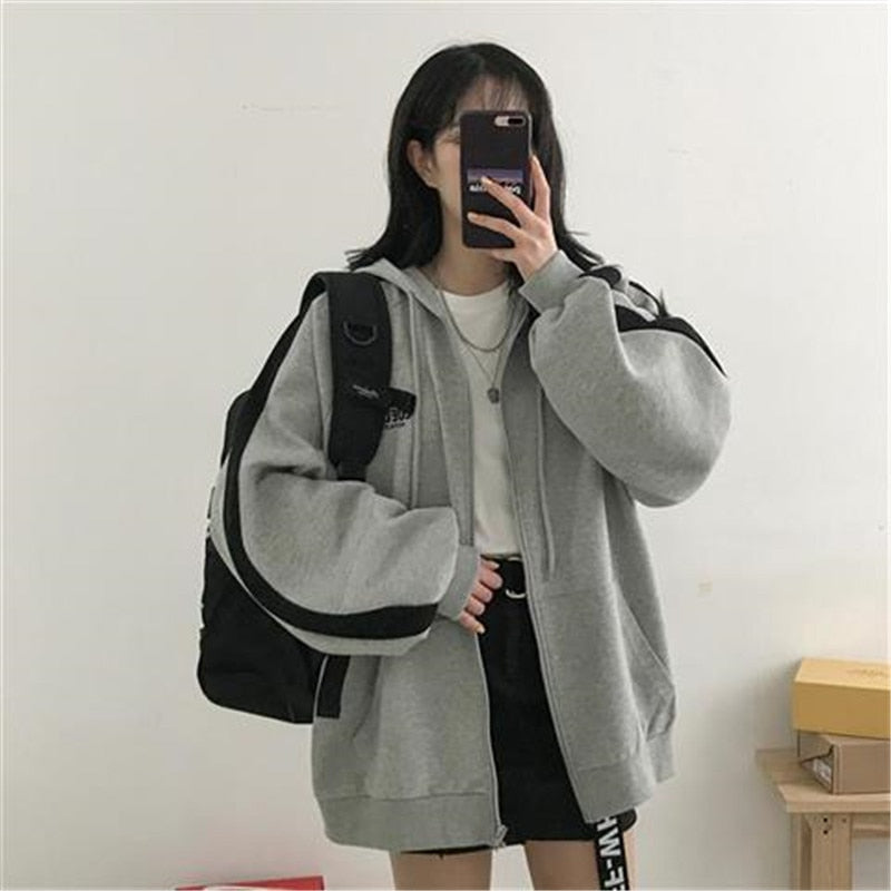 WW | Zip-up Oversized Solid Pocket Hooded Langarm Lose Baseball Jacke