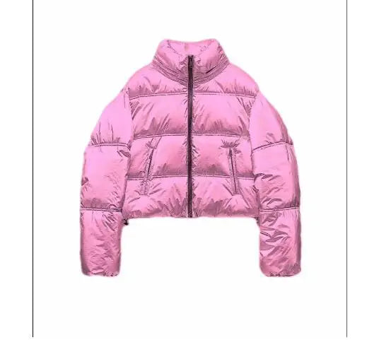 WW | Kurz geschnittene metallische gesteppte Winterjacke mit hohem Kragen