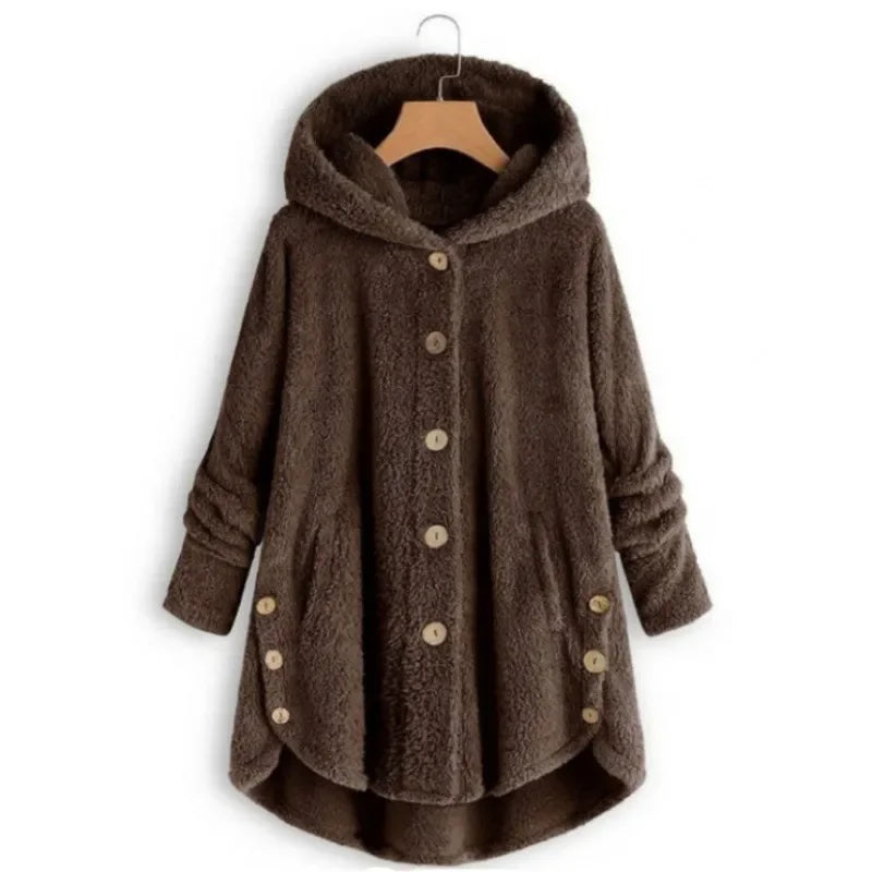 WW | Fleecejacke Relaxed Fit mit Kapuze Knopfverschluss Extralang Hinten