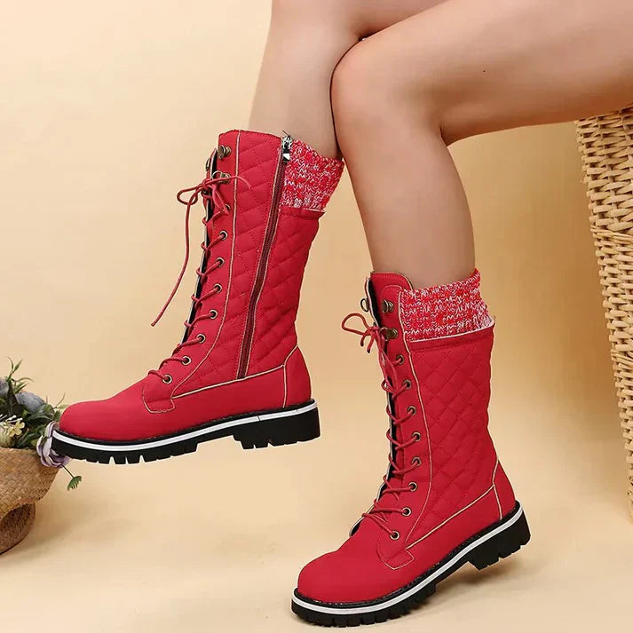 WW |  Damen-Winterstiefel mit Schnürung & Reißverschluss - Warme Stiefeletten mit Strickbund & Profilsohle