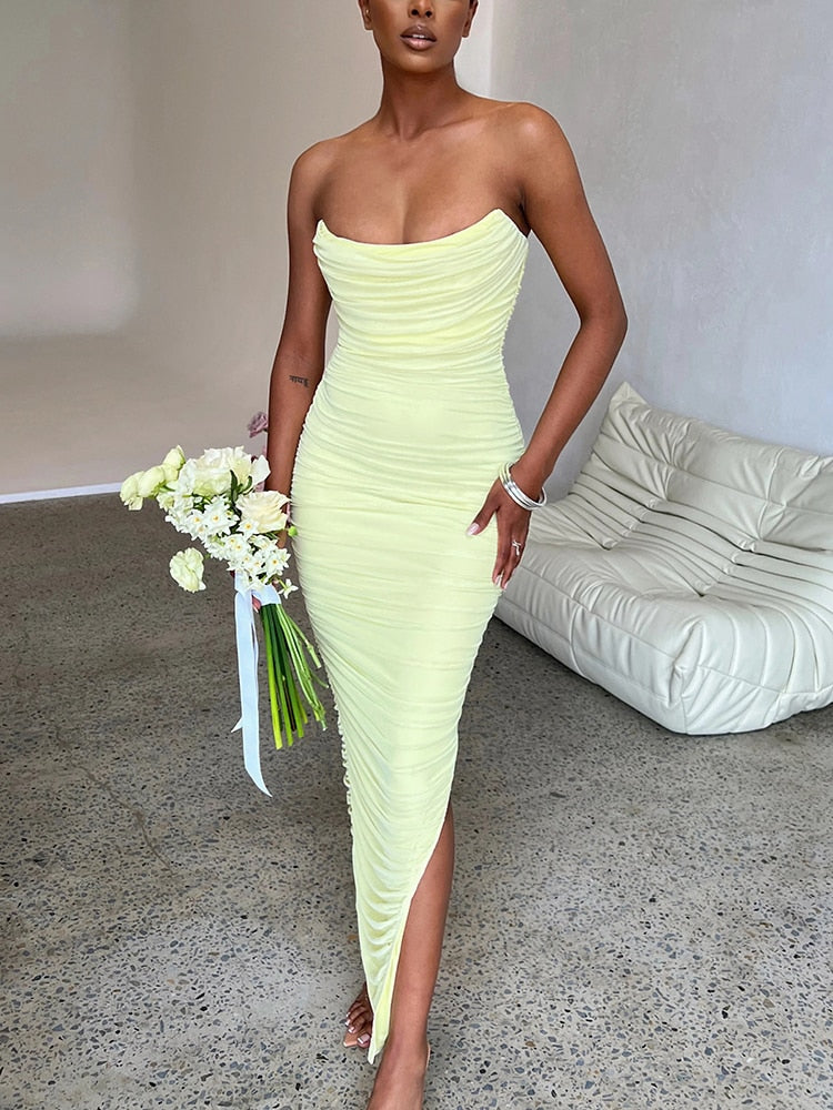 WW - Langes trägerloses geripptes Kleid