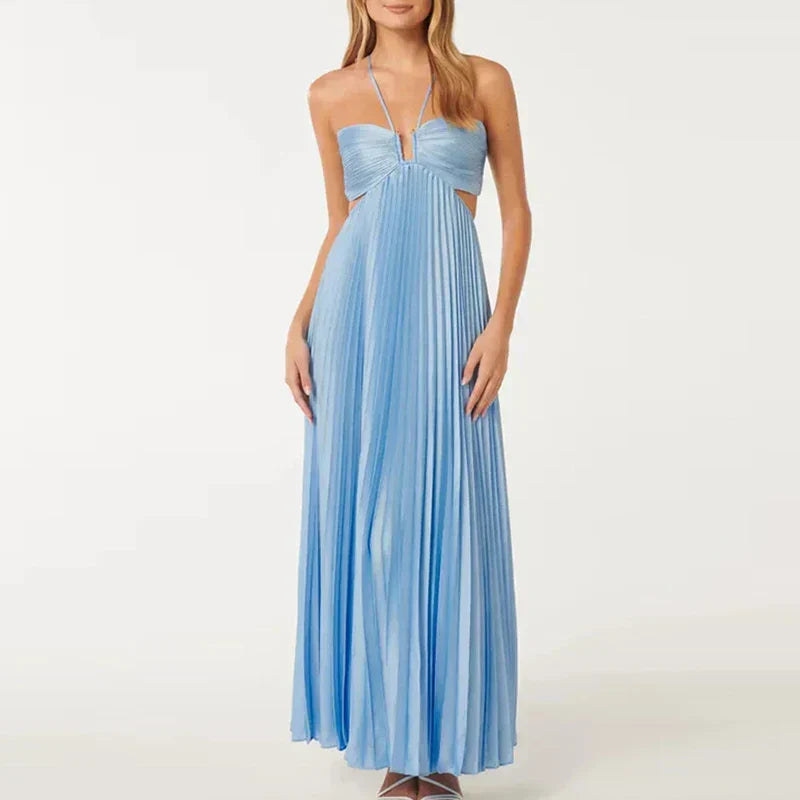 Marina | Blue Halterneck Pleated Party Dress