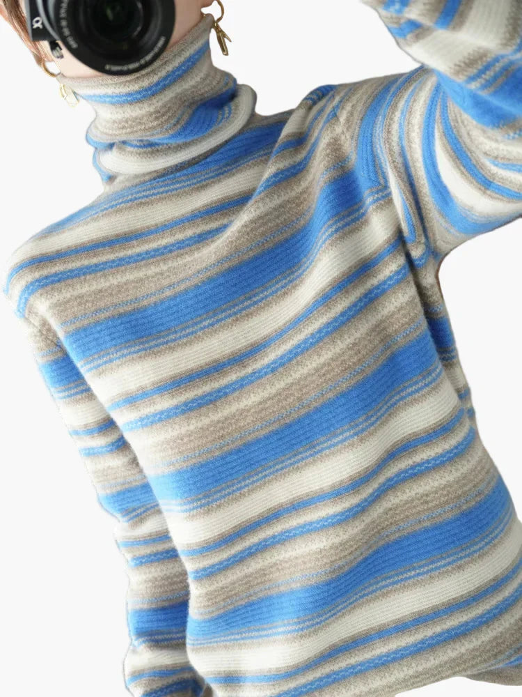 WW | Retro Striped Turtleneck Sweater - Fashionable Winter Sweater for Everyday & Leisure