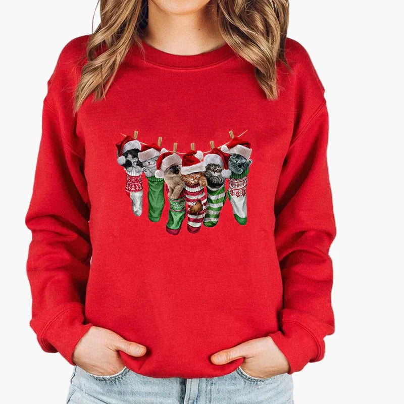 WW | Christmas Sweater with Cat and Fairy Lights - Funny Winter Sweater for Cat Lovers