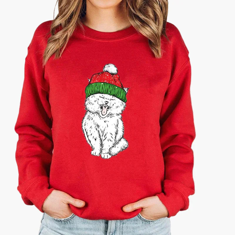 WW | Christmas Sweater with Cat and Fairy Lights - Funny Winter Sweater for Cat Lovers