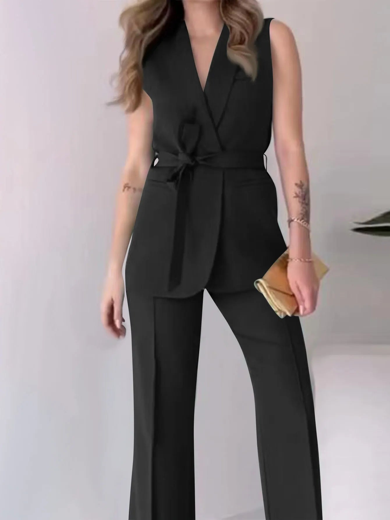 WW | Ärmelloser Blazer-Anzug Taillierte Passform Wickel-V-Ausschnitt Weite Hose