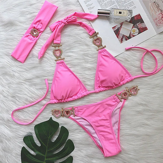WW | Pink Sexy Bikinis Swimwear with Heart Rhinestones Women's Swimsuit Female Push-Up Bikini Beach Swimwear Bathing Suits Pool Swimwear
