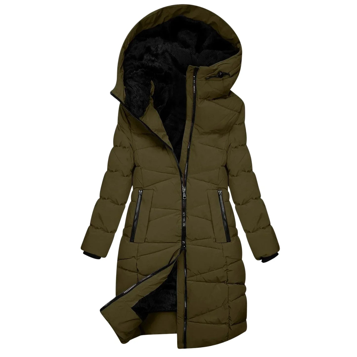 WW | Winter Steppmantel Lang - Winddichte Kapuzenjacke mit Reißverschluss, Modisch & Elegant