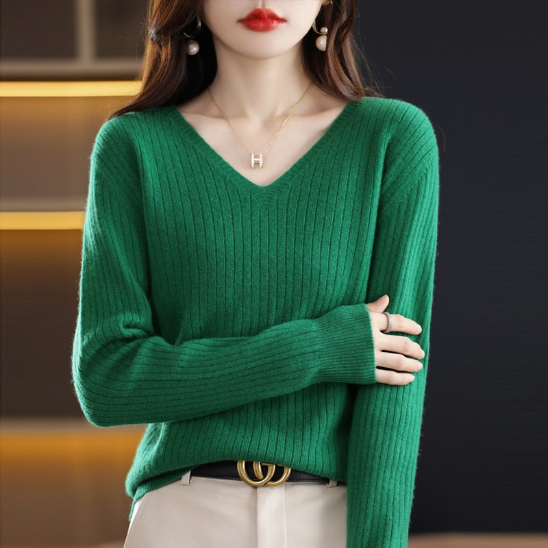WW - V-Neck Knitted Jumper - Women's Elegant Patterned Sweater