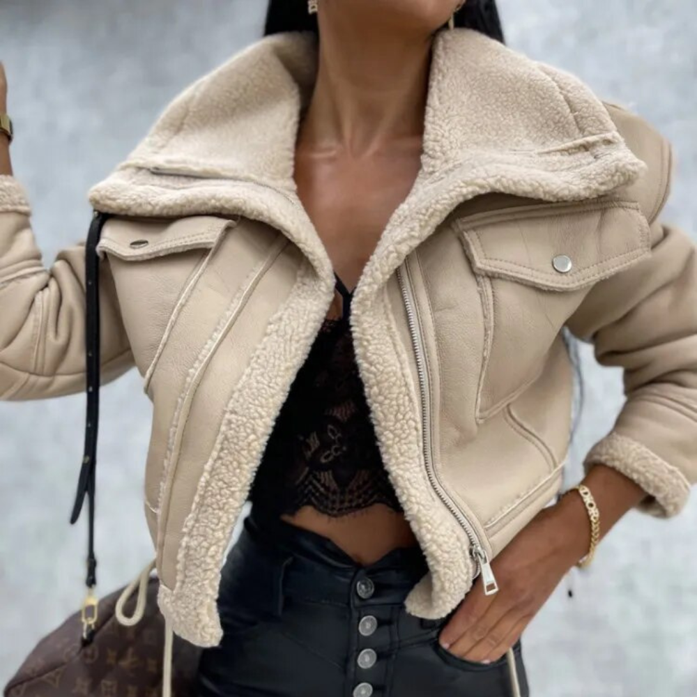 Faux Leather Jacket | Short Women's Jacket with Fleece Lining for Autumn and Winter