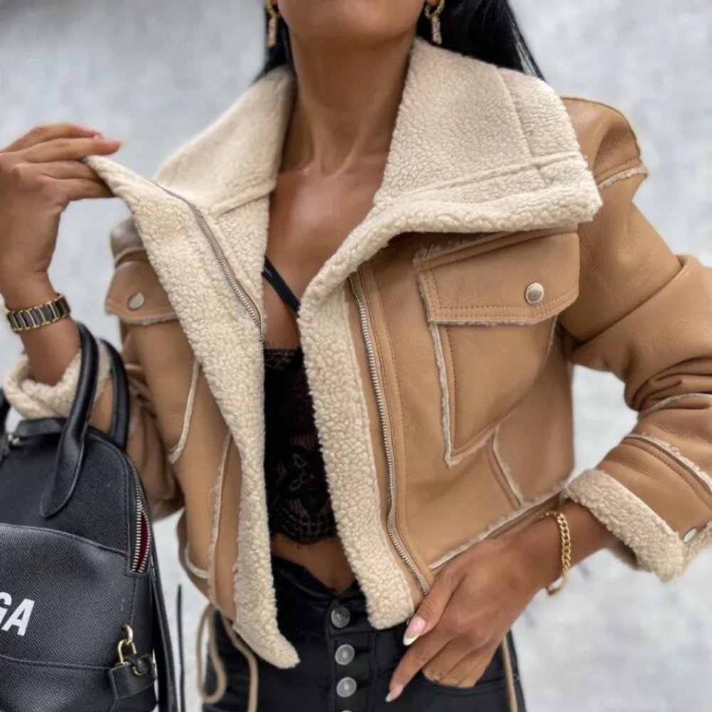 Faux Leather Jacket | Short Women's Jacket with Fleece Lining for Autumn and Winter