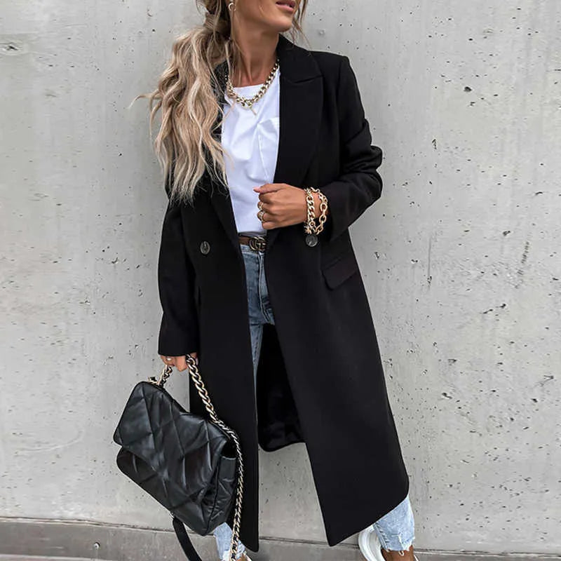WW | Damen Lange Winterjacke im Casual Chic Stil mit Reverskragen und Taschen