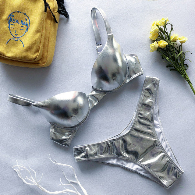 WW | Glänzendes Metallic Push-Up Bikini-Set für Damen