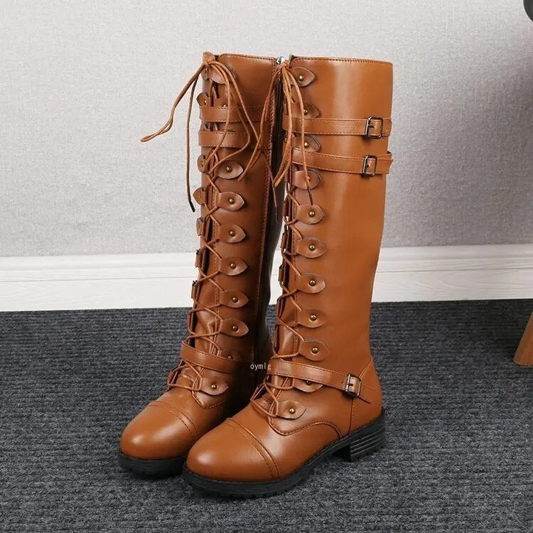 WW | Women's Lace-up Boots - Vintage Combat Boots with Buckles & Block Heel in Gothic Steampunk Style