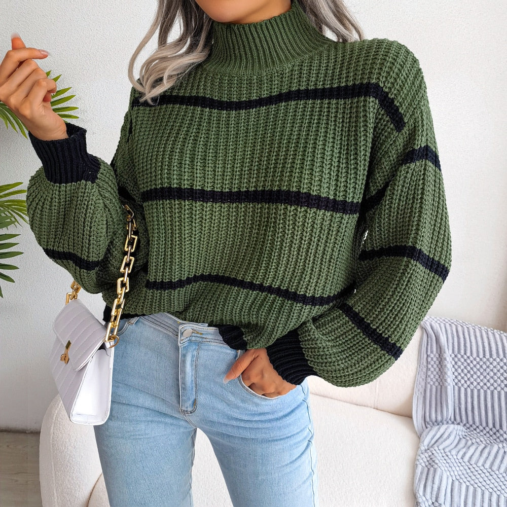 WOLF Casual Striped Lantern Sleeve Sweater