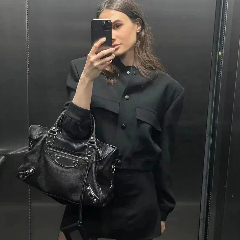 WW | Cropped Snap-Button Bomber Jacket with Baseball Collar