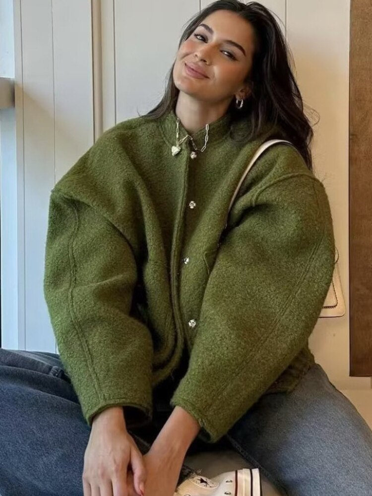 WW | Oversize-Jacke für Frauen Top Coat Lange Ärmel Versteckte Knöpfe