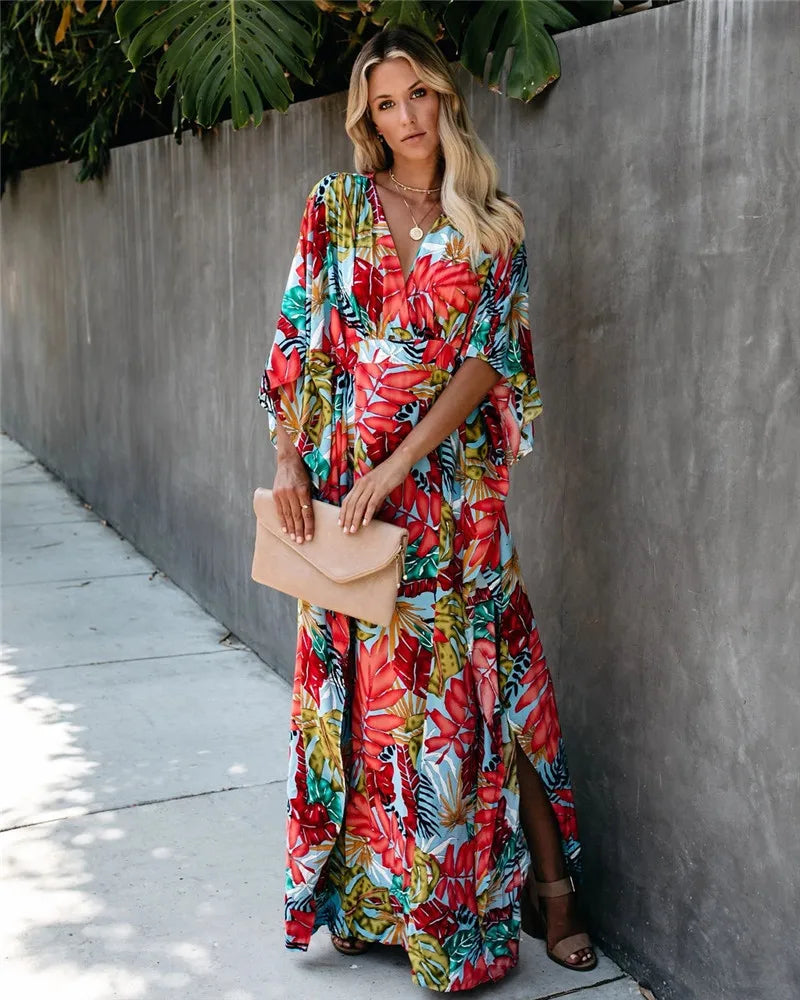 LunaBloom™ Plus Size Kimono Wrap Maxi Dress