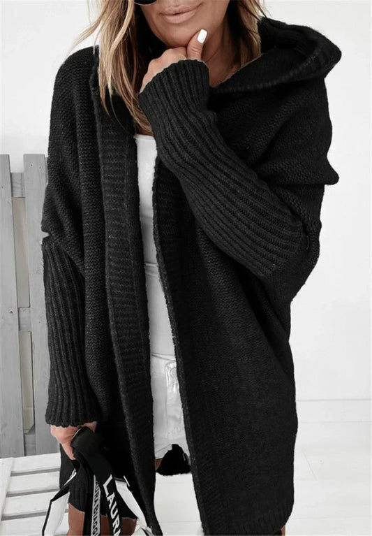 WW | Strickjacke Übergröße Passform Strickwollmischung Kapuze und Offene Vorderseite