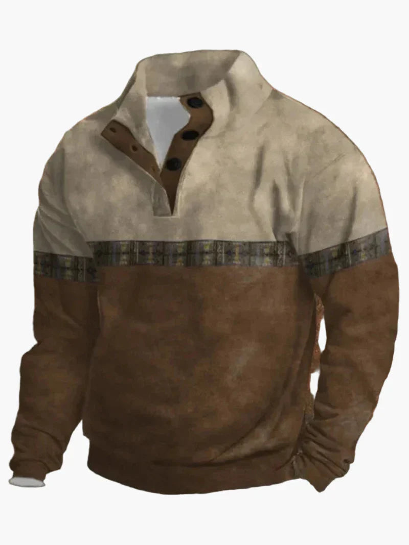 WW | Retro Cowboy Sweatshirt with Digital Print and Stand-Up Collar - Western Casual Pullover for Outdoors and Leisure