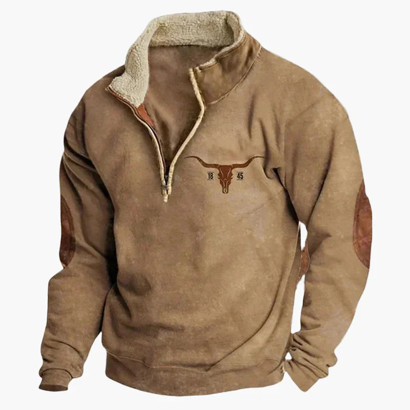WW | Western Style Pullover mit Azteken-Muster und Longhorn-Motiv - Bequemer Freizeit-Sweater für Outdoor & Alltag