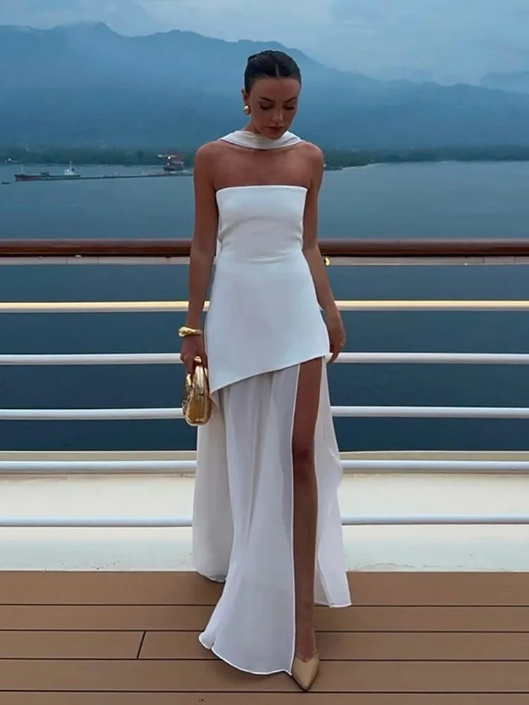 Isabella | White off-the-shoulder maxi dress with scarf