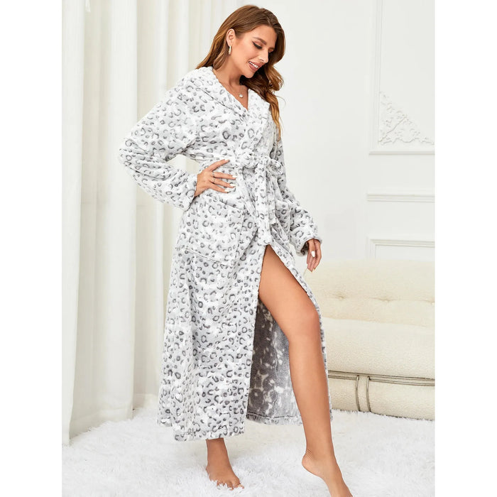 WW | Langärmelig Leopardenmuster Kapuze Bademantel mit Gürtel und Taschen