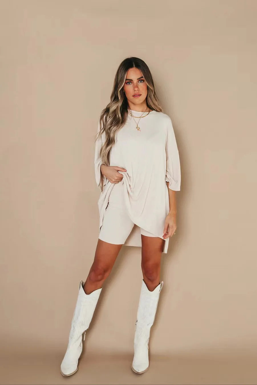 WW | Damen Lounge Satz Mit Oversize T-shirt Und Biker Shorts