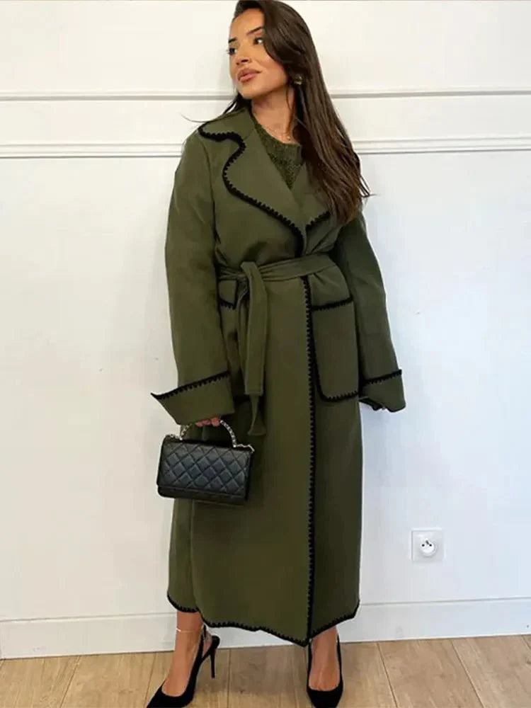 WW | Longline Mantel - Kontrastierende Besatz - Gürtellinie - Casual bis Formal